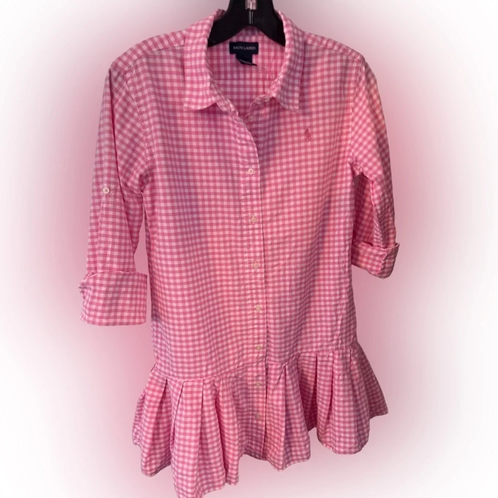 Ralph Lauren Girls Shirt Dress Pink/White Check Pleated Skirt Drop Waist Sz 16